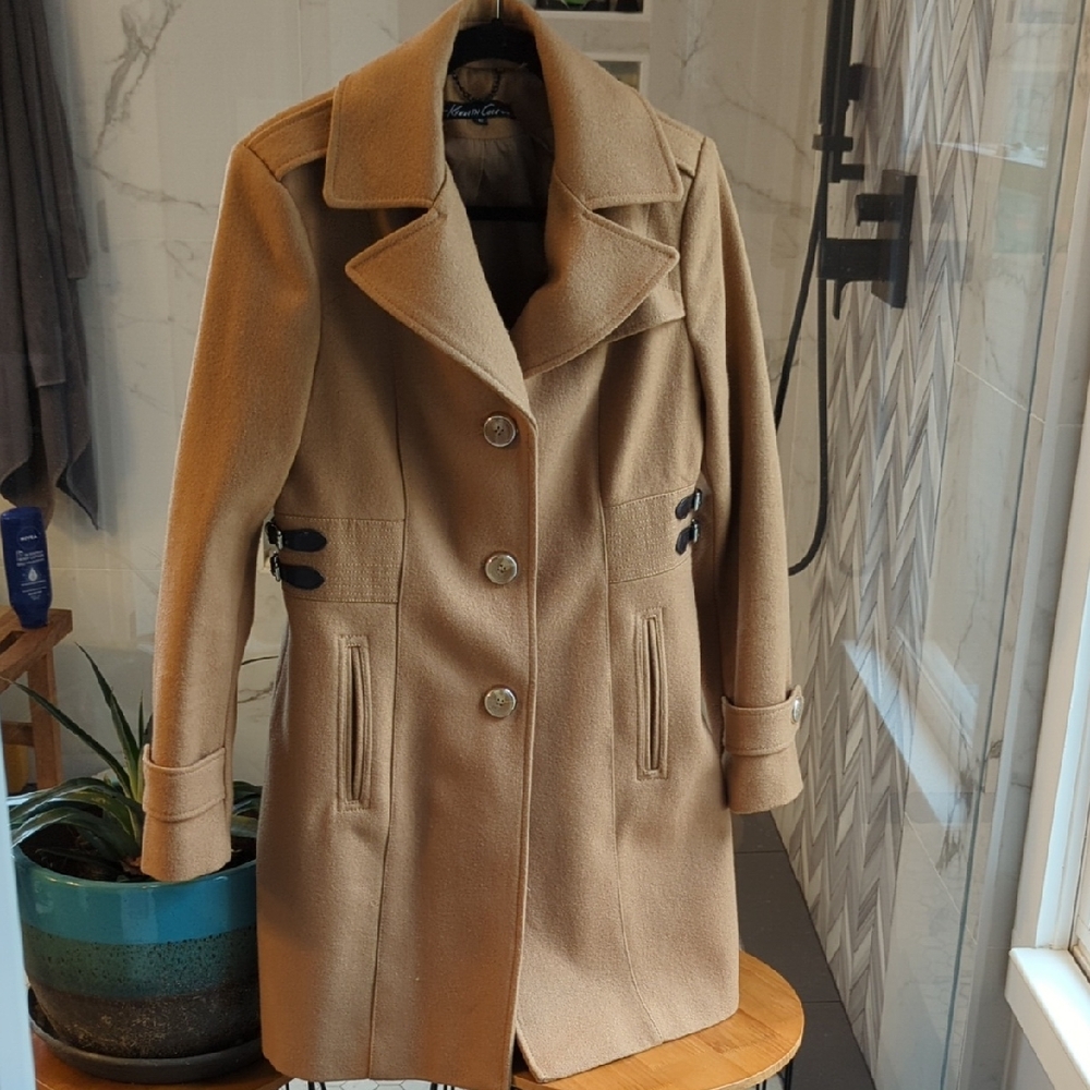 Kenneth Cole New York Tan Trench Coat with Black Accents